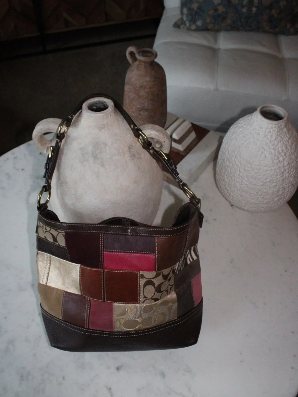 Coach Brown Patchwork Signature Canvas & Leather Shoulder Bag with Gold Hardware